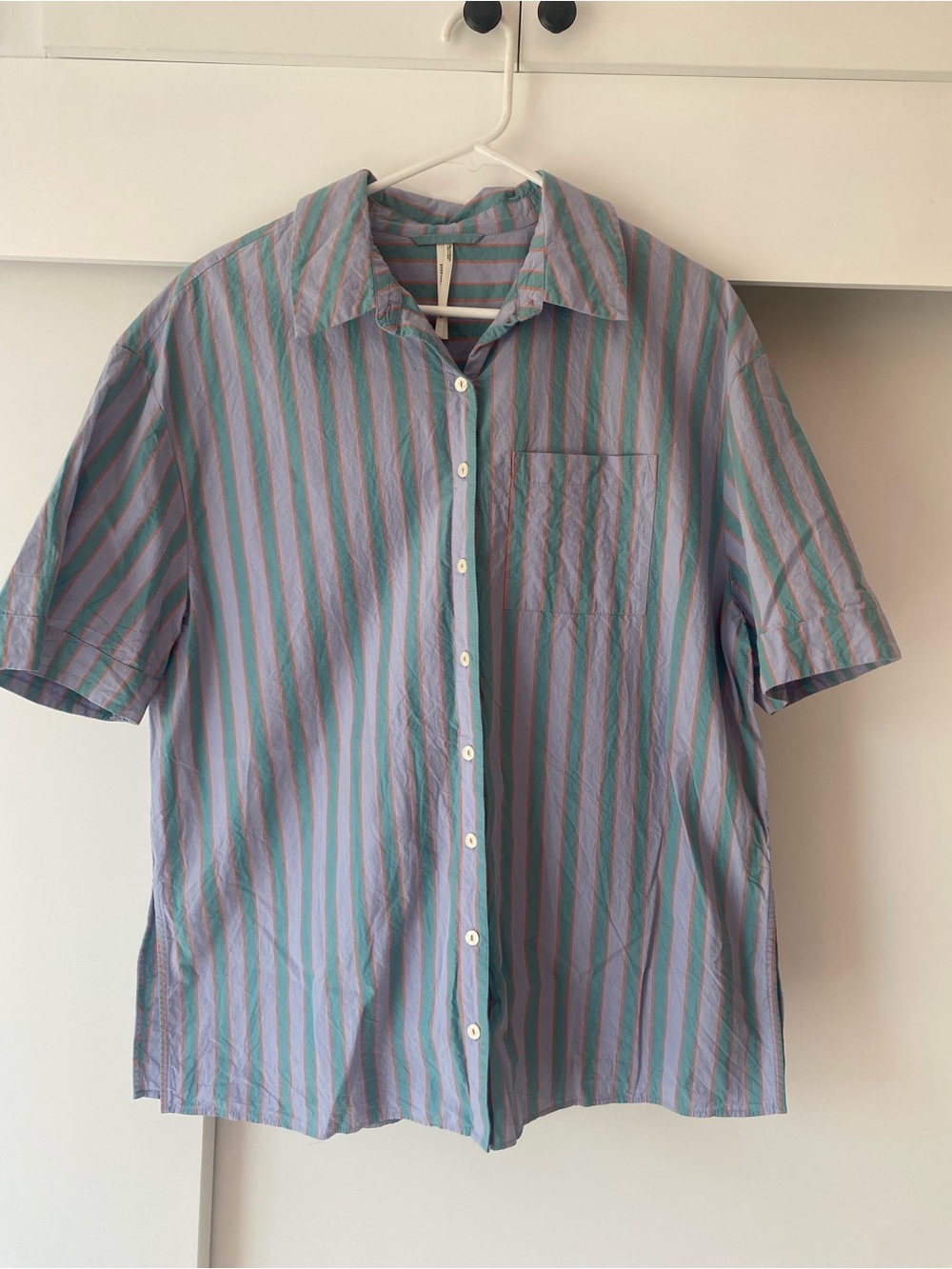Women’s Short Sleeve Button-Down Shirt in Blue and Green Stripe